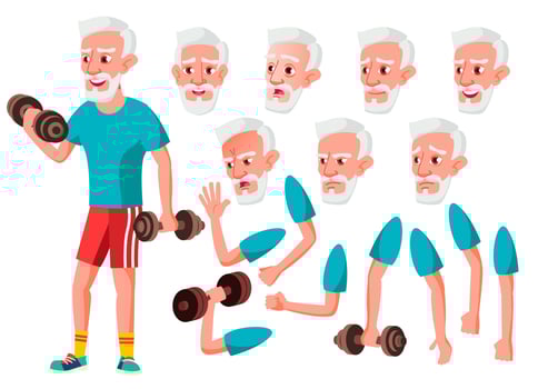 Old Man Vector. Senior Person. Aged, Elderly People. Cute, Comic. Joy. Face Emotions, Various Gestures. Animation Creation Set. Isolated Flat Cartoon Character Illustration vector