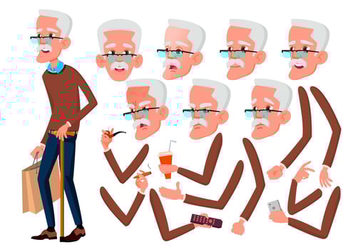Old Man Vector. Senior Person. Aged, Elderly People. Active, Expression. Face Emotions, Various Gestures. Animation Creation Set. Isolated Flat Cartoon Character Illustration vector