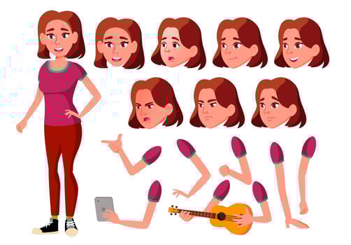Teen Girl Vector. Teenager. Activity, Beautiful. Face Emotions, Various Gestures. Animation Creation Set. Isolated Flat Cartoon Character Illustration vector