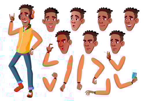 Teen Boy Vector. Teenager. Black. Afro American. Adult People. Casual. Face Emotions, Various Gestures. Animation Creation Set. Isolated Flat Cartoon Character Illustration vector
