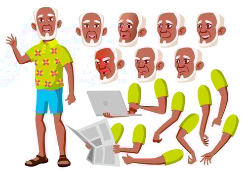 Old Man Vector. Black. Afro American. Senior Person. Aged, Elderly People. Pretty. Face Emotions, Various Gestures. Animation Creation Set. Isolated Flat Cartoon Character Illustration vector