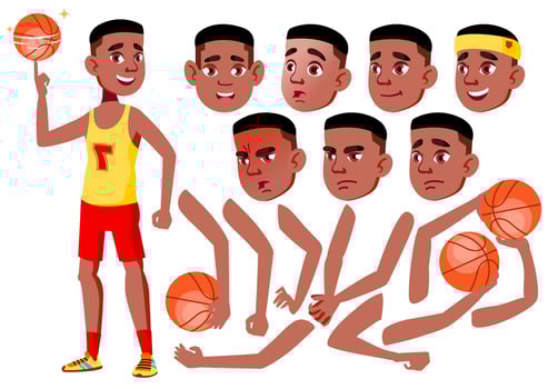Teen Boy Vector. Black. Afro American. Teenager. Cute, Comic. Joy. Face Emotions, Various Gestures. Animation Creation Set. Isolated Flat Cartoon Character Illustration vector