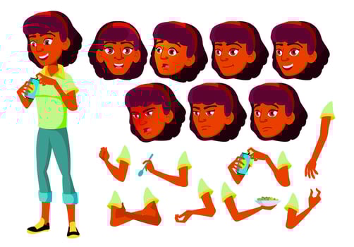 Teen Girl Vector. Indian, Hindu. Asian. Teenager. Face. Children. Face Emotions, Various Gestures. Animation Creation Set. Isolated Flat Cartoon Character Illustration vector