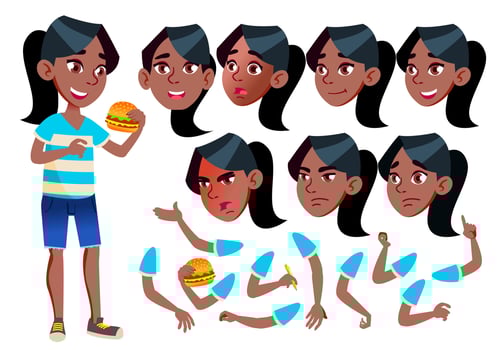 Girl, Child, Kid, Teen Vector. Black. Afro American. Leisure. Educational, Study. Face Emotions, Various Gestures. Animation Creation Set. Isolated Flat Cartoon Character Illustration vector