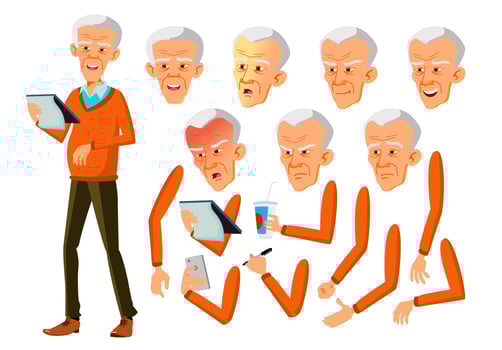 Asian Old Man Vector. Senior Person. Aged, Elderly People. Emotional, Pose. Face Emotions, Various Gestures. Animation Creation Set. Isolated Flat Cartoon Character Illustration vector