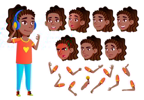 Teen Girl Vector. Teenager. Black. Afro American. Friends, Life. Emotional, Pose. Face Emotions, Various Gestures. Animation Creation Set. Isolated Flat Cartoon Character Illustration vector