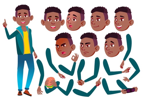 Teen Boy Vector. Black. Afro American. Teenager. Leisure, Smile. Face Emotions, Various Gestures. Animation Creation Set. Isolated Flat Cartoon Character Illustration vector