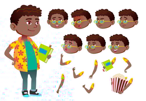 Boy, Child, Kid, Teen Vector. Black. Afro American. Schoolchildren, Teen. Face Emotions, Various Gestures. Animation Creation Set. Isolated Flat Cartoon Character Illustration vector