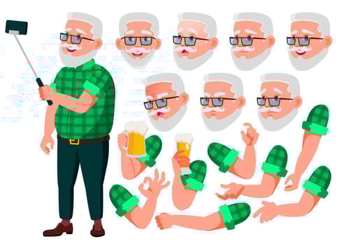 Old Man Vector. Senior Person. Aged, Elderly People. Positive Person. Face Emotions, Various Gestures. Animation Creation Set. Isolated Flat Cartoon Character Illustration vector