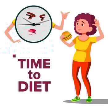 Time To Diet Concept, Wall Clock Screaming At Girl With Hamburger Vector. Isolated Cartoon Illustration vector