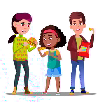 Unhealthy Diet, Boy And Girl Eating Hamburgers, Pizza And Potato Chips Vector. Isolated Cartoon Illustration vector