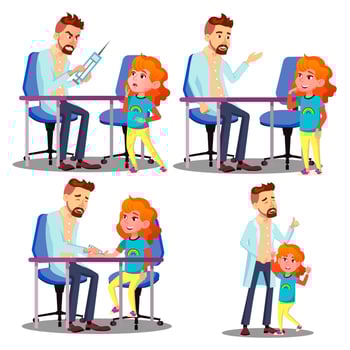 Pediatrician Vaccinating Scared Crying Child Girl Vector. Isolated Cartoon Illustration vector