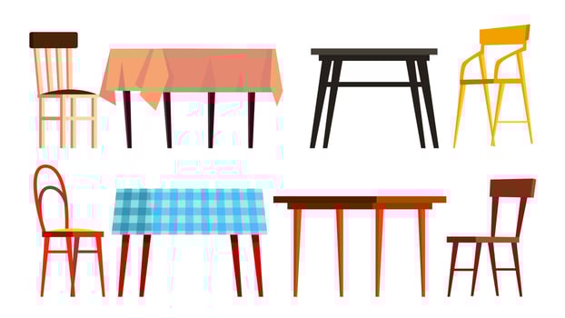 Home Table Chair Icon Set Vector. Wooden Dinner Furniture. Isolated Flat Cartoon Illustration vector