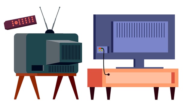 Retro Tv Vs Modern HD Plasma Vector. Backside. lcd panel And Vintage Old Analog Display Screen. Isolated Cartoon Illustration vector