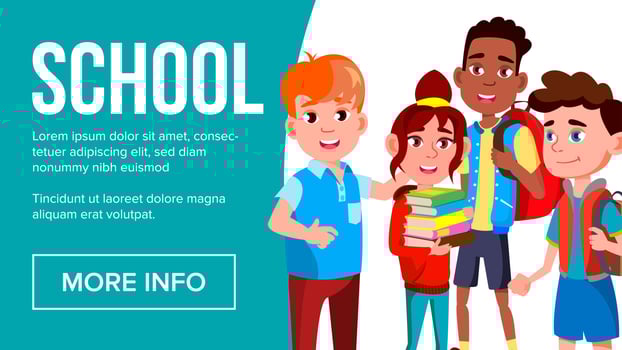 School Eduacation Banner Vector. Multiracial Children. Advertising Brochure. Pupils. Illustration vector