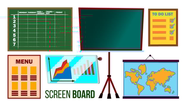 Screen Board Set Vector. Business, Education, School Display Board. Demonstration Frame. Isolated Cartoon Illustration vector