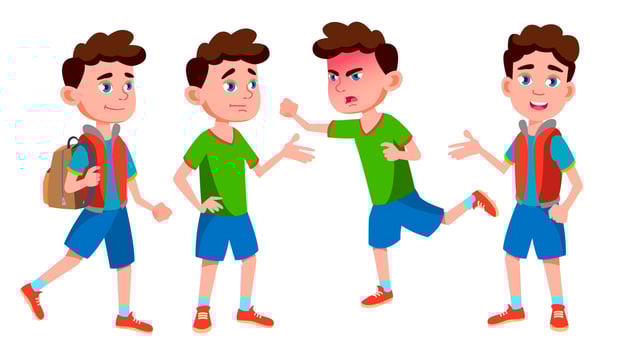 Boy Schoolboy Kid Poses Set Vector. Primary School Child. Funny Children. Junior. Lifestyle, Friendly. For Advertising, Booklet, Placard Design. Isolated Cartoon Illustration vector