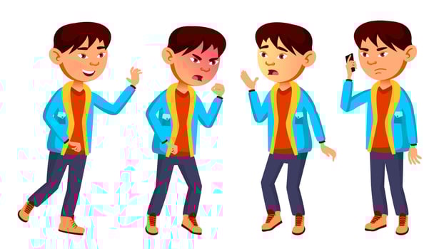 Asian Boy Schoolboy Kid Poses Set Vector. Primary School Child. Friendship. For Web, Brochure, Poster Design. Isolated Cartoon Illustration vector