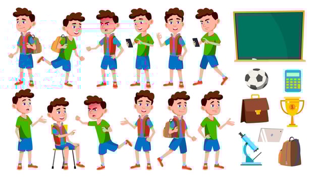 Boy Schoolboy Kid Poses Set Vector. Primary School Child. Cute Child. Happiness Enjoyment. Cheer, Pretty. For Presentation, Print, Invitation Design. Isolated Cartoon Illustration vector