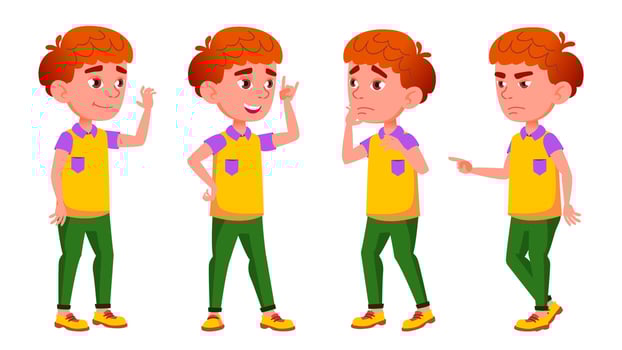 Boy Schoolboy Kid Poses Set Vector. Red Head. Emotions. For Web, Brochure, Poster Design. Isolated Cartoon Illustration vector
