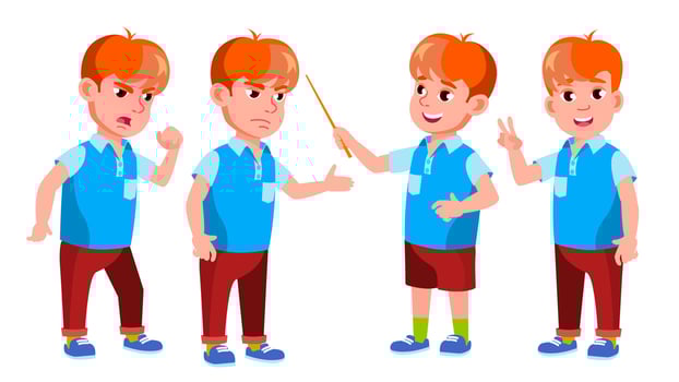 Boy Schoolboy Kid Poses Set Vector. Primary School Child. Cute Child. Happiness Enjoyment. Cheer, Pretty. For Presentation, Print, Invitation Design. Isolated Cartoon Illustration vector