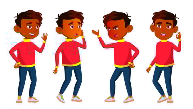Indian Boy Schoolboy Poses Set Vector. Primary School Child. Happy Childhood. Abc. Friend, Stages. For Web, Poster, Booklet Design. Isolated Cartoon Illustration vector