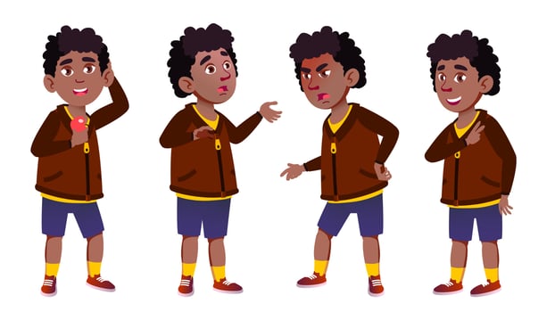 Boy Schoolboy Kid Vector. Primary School Child. Black. Afro American. Youth. For Card, Advertisement, Greeting Design. Isolated Cartoon Illustration vector