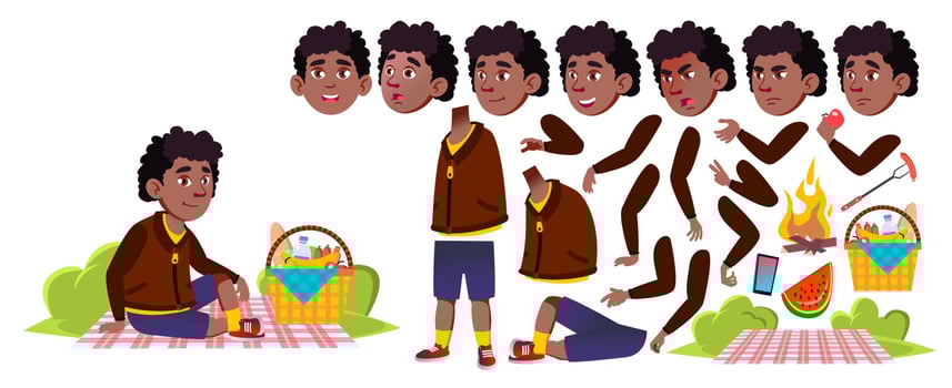 Boy Schoolboy On Picnic Vector. Black. Afro American. Animation Creation Set. Study. Summer Hiking Relax. For Presentation, Invitation, Card Design. Emotions, Gestures. Animated. Isolated Illustration vector