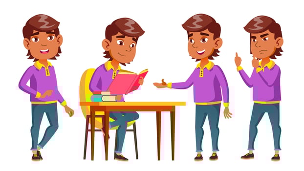 Arab, Muslim Boy Set Vector. Primary School Child. Lesson. Reading Book. Cute Child. Happiness Enjoyment. Cheer, Pretty. For Presentation, Print, Invitation Design. Isolated Cartoon Illustration vector