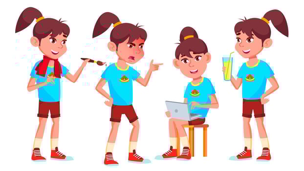 Girl Schoolgirl Kid Poses Set Vector. High School Child. Child Pupil. Subject, Clever, Studying. For Postcard, Announcement, Cover Design. Isolated Cartoon Illustration vector