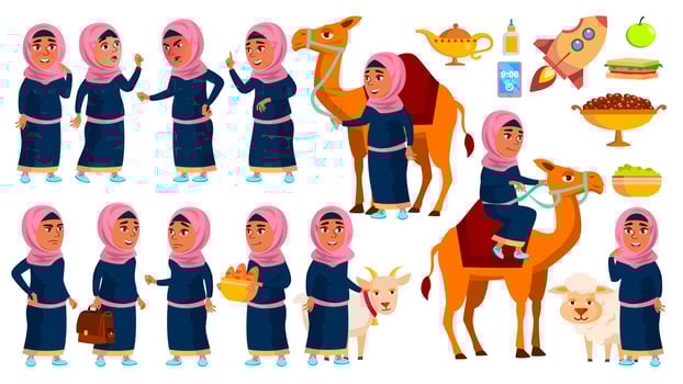 Arab, Muslim Girl School, Girl Kid Poses Set Vector. Primary School Child. Study. Knowledge, Learn, Lesson. Camel, Sheep, Goat. For Traditional Clothes. Isolated Cartoon Illustration vector