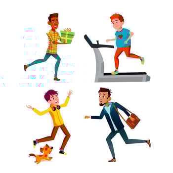 Teen Boys Hurry Running And Exercising Set Vector