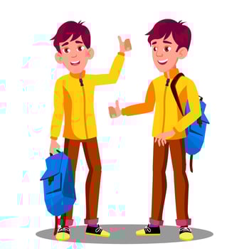 Boy With School Bag Holding Thumb Up Vector. Isolated Illustration vector