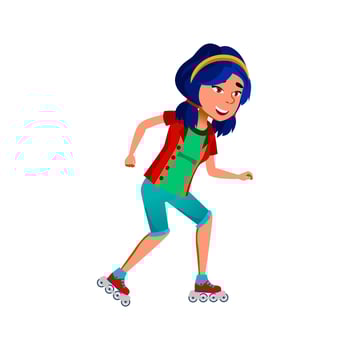 School Girl Riding Roller Skates Outdoor Vector