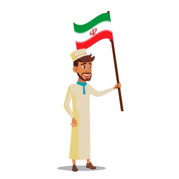 Arab Boy Holds Flag Of Iran Vector Flat Cartoon Illustration