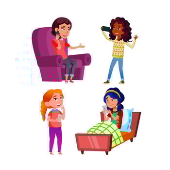 Teen Girls Using Phone Digital Device Set Vector