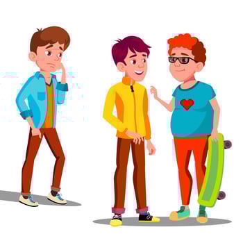 Sad Boy Alone Among A Friends Teenagers Vector. Isolated Illustration vector