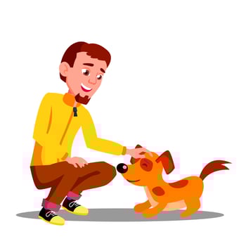 Teen Guy Volunteer Feeding Dog In Shelter Vector. Isolated Illustration vector
