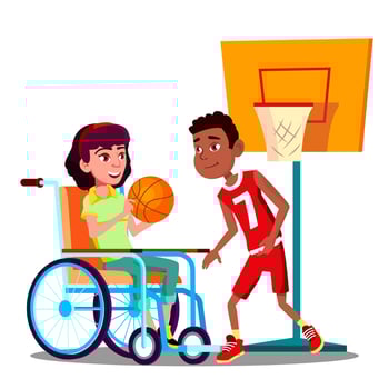 Happy Disabled Girl On Wheelchair Playing Basketball With Friend Vector. Isolated Illustration vector