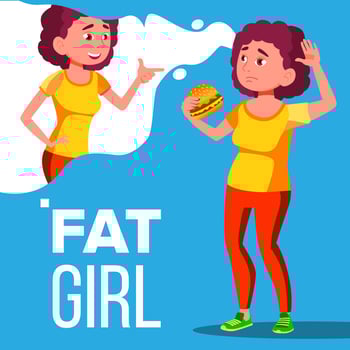 Fat Girl Eating A Hamburger And Dreaming To Be Fitness Vector. Isolated Illustration vector