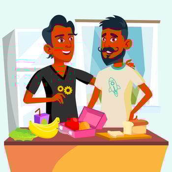 Couple Of Young Teen Gays Cooking Food Together In Kitchen Vector. Isolated Illustration vector