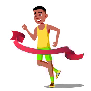Runner Guy In Competitions Crosses The Finish Line With Ribbon Vector. Isolated Illustration vector