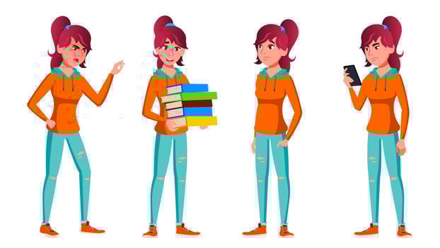 Teen Girl Poses Set Vector. Face. Children. For Web, Brochure, Poster Design. Isolated Cartoon Illustration vector