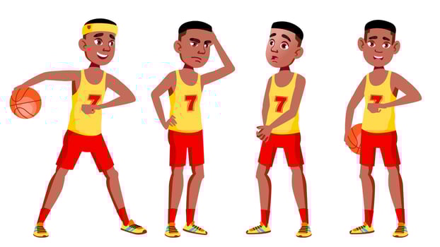 Teen Boy Poses Set Vector. Black. Afro American. Cute, Comic. Joy. For Postcard, Announcement, Cover Design. Isolated Cartoon Illustration vector