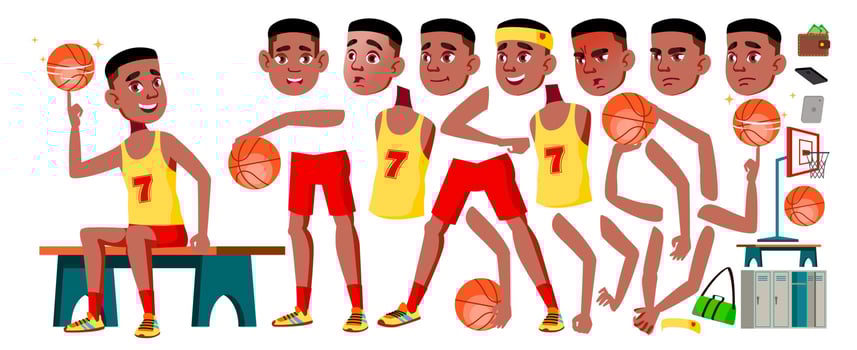Teen Boy Vector. Animation Creation Set. Black. Afro American. Face Emotions, Gestures. Cute, Comic. Joy. Animated. For Postcard, Announcement, Cover Design. Isolated Cartoon Illustration vector