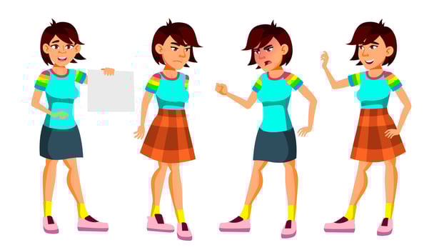 Asian Teen Girl Poses Set Vector. Activity, Beautiful. For Postcard, Cover, Placard Design. Isolated Cartoon Illustration vector
