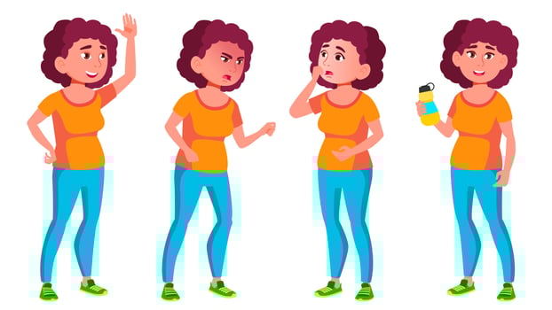 Fat Teen Girl Poses Set Vector. Friends, Life. For Presentation, Invitation, Card Design. Isolated Cartoon Illustration vector