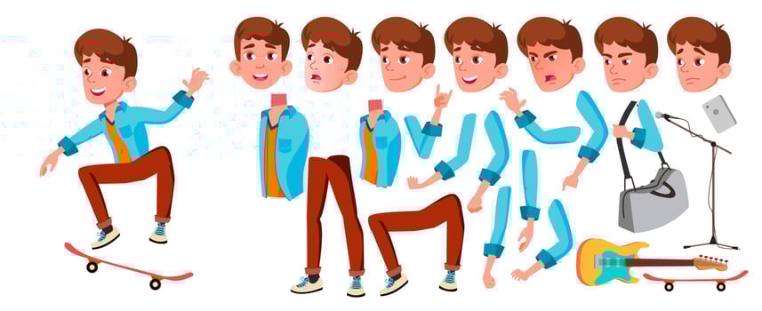 Teen Boy Vector. Animation Creation Set. Face Emotions, Gestures. Caucasian, Positive. Animated. For Banner, Flyer, Web Design. Isolated Cartoon Illustration vector