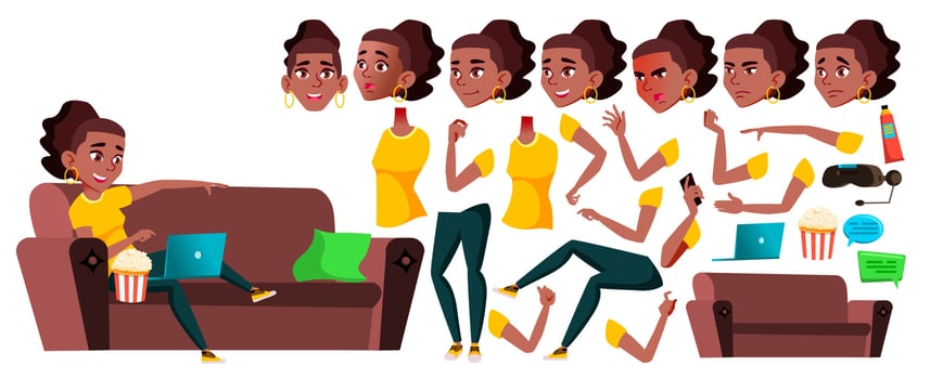 Teen Girl Vector. Black. Afro American. Animation Creation Set. Face Emotions, Gestures. Beauty, Lifestyle. Animated. For Web, Brochure, Poster Design. Isolated Cartoon Illustration vector