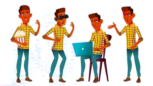 Teen Boy Poses Set Vector. Indian, Hindu. Asian. Adult People. Casual. For Advertisement, Greeting, Announcement Design. Isolated Cartoon Illustration vector